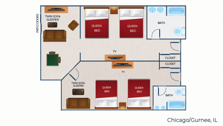The floor plan for the Evergreen Family Suite with balcony/patio